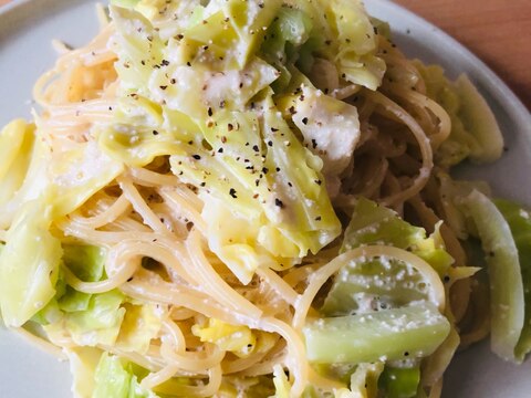 キャベツと辛子明太子のクリームパスタ